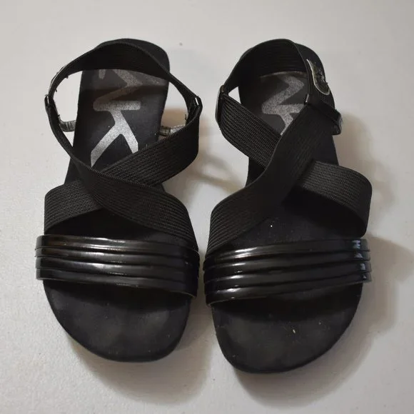 Anne Klein Sport Akkanelle Black Stretch Fabric Crisscross Low Wedge Sandal 